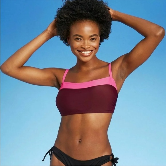 Kona Sol Burgundy Pink Colorblock Square Neck Bandeau Bikini Swim Top - Picture 9 of 10